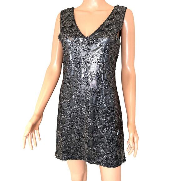 Express Dark silver sequined sleeveless mini dress gun metal V-neck A-line SZ M - Picture 2 of 8